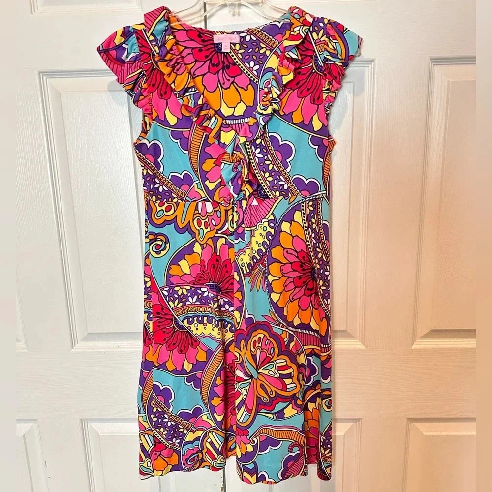 Lilly Pulitzer Silk Cotton Claire‎ Dress Women's Medium Optical Illusion Ruffles